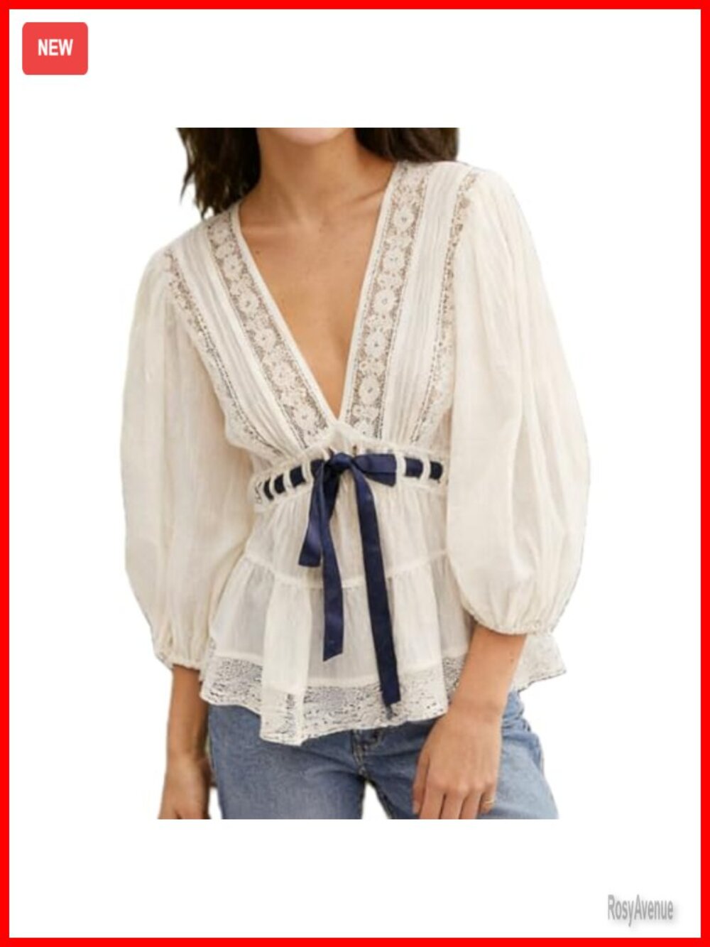 Lace Trim Boho Blouse Deep V Neck Puff Sleeve Tie Waist Ruffle Peplum Top
